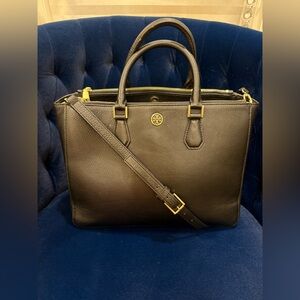 Tory Burch Robinson Pebbled Leather Double Zip Tote Bag Black